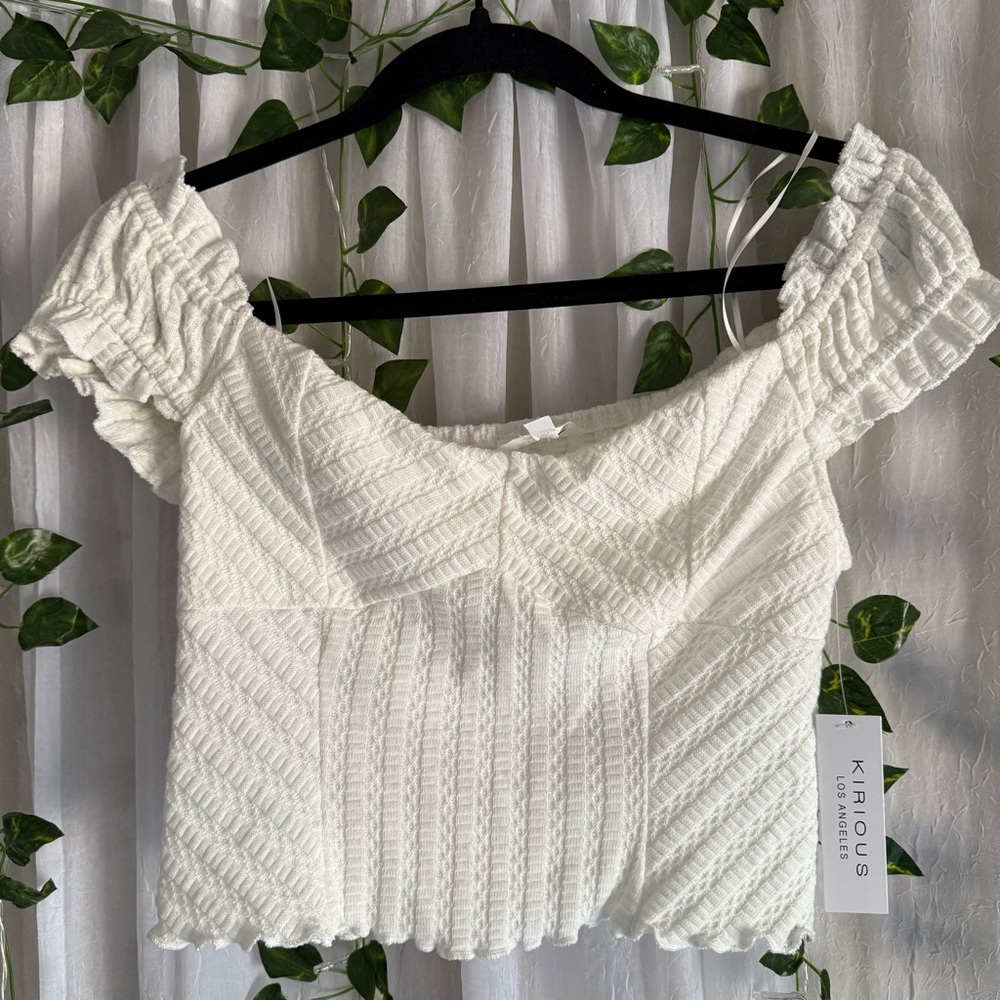 NWT Kirious Bohemian Boho Peasant Ruffle Off Shoulders Crop Top Blouse White